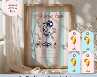 Pink and Blue Momosa and Momosa Tags, Momosa Baby Shower Sign, Canva Template Editable Printable Baby Shower, 4 Momosa Printable Tags