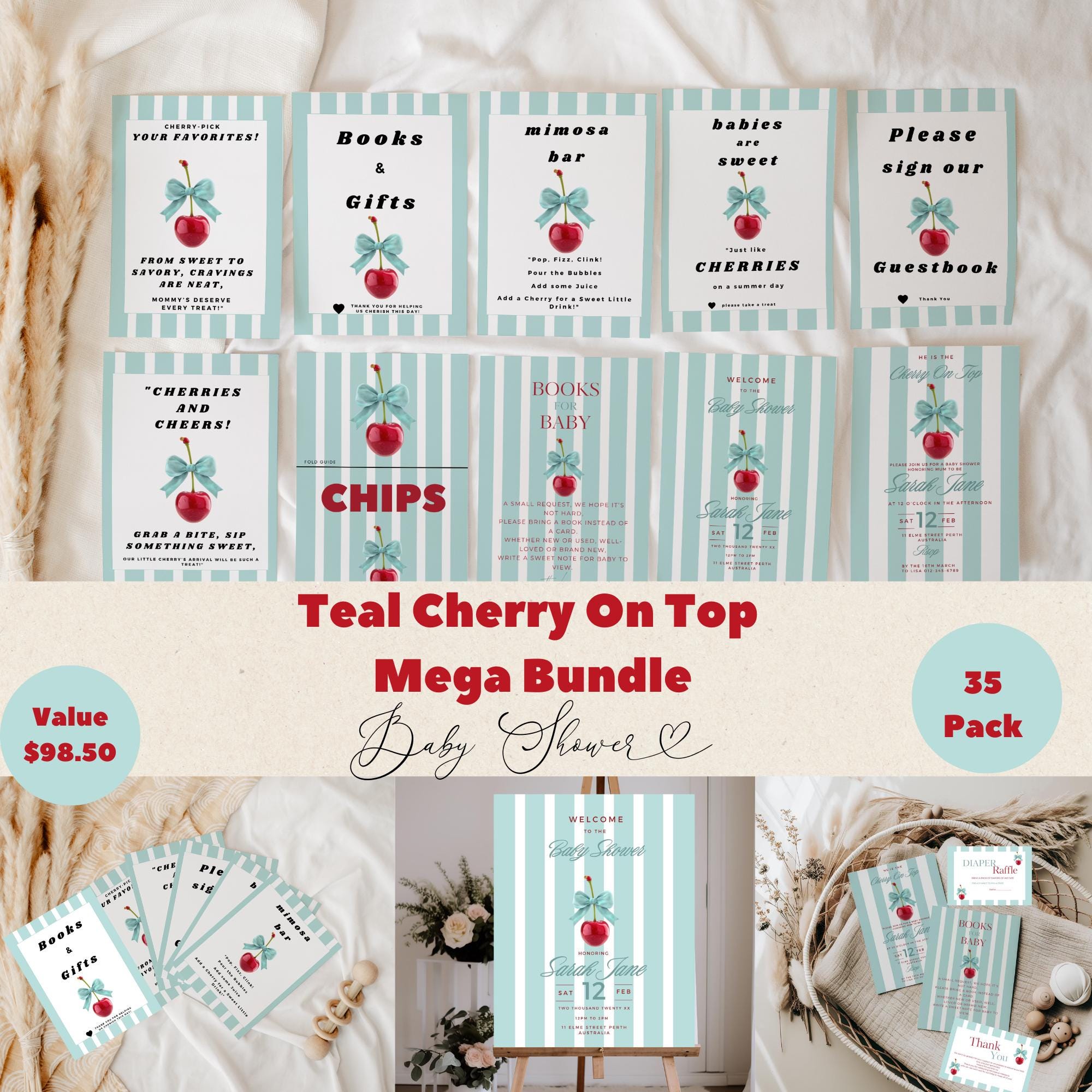 Teal Cherry On Top Baby Shower Mega Bundle, Boy Baby Shower, Welcome Sign, Baby Shower Games, Diaper Raffle, Books for Baby, DIY Baby Shower