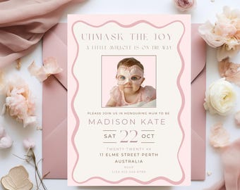 Pink Wavy Baby Shower Invite Template, Girl Pink Baby Shower Invitation, Unmask the Joy Baby Shower, Canva Editable Invitation Template,