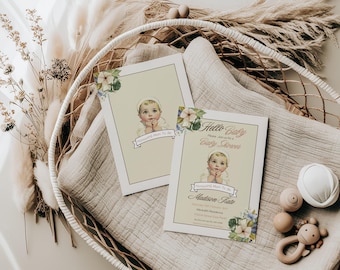 Vintage  Retro Baby Shower, Baby Boy Invitation, Hello Baby Shower Invite, Retro Baby Shower Invitation,  Canva Editable Invite Template,