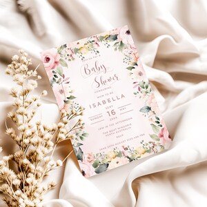 Cute Pink Floral Baby Shower Invitation, Girl Baby Shower, Modern Floral Invite,  Printable Canva Editable Template, Diy Baby Shower