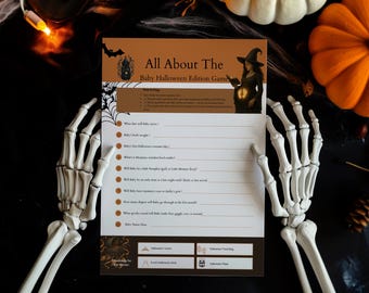 Halloween Baby Shower Game, All About Baby Trivia, Canva Template, Digital Download