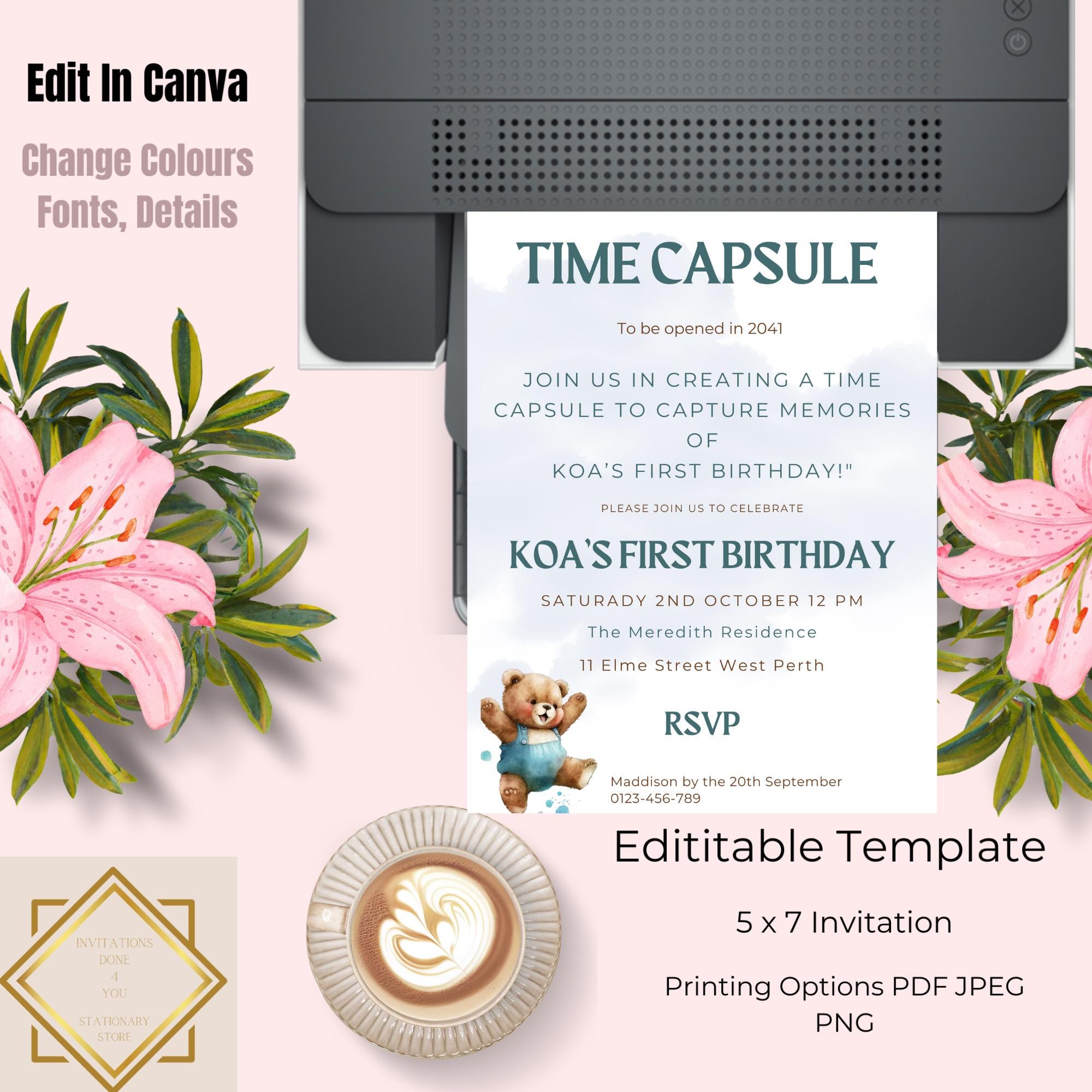 Dusty Blue Teddy Bear Editable First Birthday Time Capsule Template ...