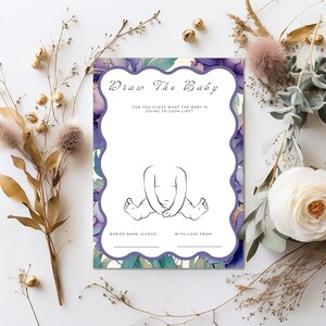 Floral Wavy Draw The Baby Game, Wavy Baby Shower Game, Fun Baby Shower Party, Minimal Printable Baby Shower Game, Canva Editable Template