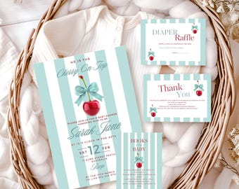 Teal Cherry On Top Baby Shower Invitation Set, Baby Shower Bundle, Baby Diaper Raffle, Books for Baby, Thankyou Card, Baby Boy Baby Shower