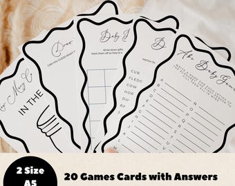 Baby Shower Games Bundle, Minimalist Wavy Border, Canva Template, Editable Printable Baby Shower, Minamal Party Activity Bundle Games,