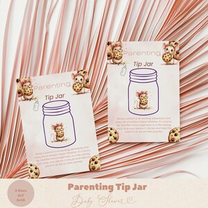 May include: A printable baby shower game card featuring a cute cartoon mouse holding a cookie. The card reads "Parenting Tip Jar" and instructs guests to write parenting tips on slips of paper and drop them in a jar.