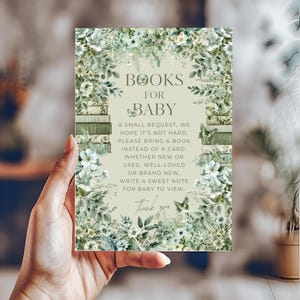 Salie groene bloemen boeken voor baby kaart, boekverzoek invoegen, een nieuw hoofdstuk boeken voor baby, DIY babyshower, digitale download, canva bewerkbaar