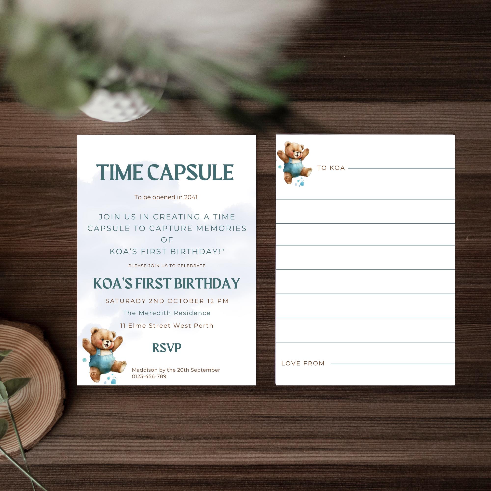 Dusty Blue Teddy Bear Editable First Birthday Time Capsule Template ...