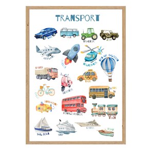 Póster educativo de transporte, viajes, decoración de guardería, recursos de aprendizaje Montessori para niños en el hogar