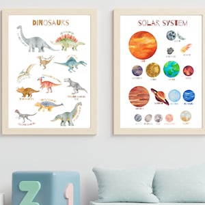 Poster **Bildung Kinder Poster Kinder unterrichten Obst Gemüse Blumen Blätter Saurier Nudeln Transport Monument Sonnensystem Kräuter Planeten