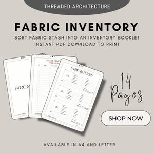 Könnte beinhalten: Ein druckbares Stoffinventar-Heft mit 14 Seiten. Das Heft soll Ihnen helfen, Ihren Stoffvorrat zu organisieren. Das Cover zeigt den Text "FABRIC INVENTORY" in fetter, schwarzer Schrift. Der Text "SORT FABRIC STASH INTO AN INVENTORY BOOKLET" befindet sich unter dem Titel. Der Text "INSTANT PDF DOWNLOAD TO PRINT" befindet sich darunter. Der Text "AVAILABLE IN A4 AND LETTER" befindet sich unten auf der Seite. Der Text "14 Pages" ist in großer, handschriftlicher Schrift. Der Text "SHOP NOW" befindet sich in einem weißen Rechteck mit schwarzem Rand.