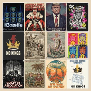 May include: A selection of political art prints with diverse designs. Some feature text such as "America First" and "No Kings." Other prints include portraits and illustrations, with a range of colours and styles. The prints are likely for wall decor.
