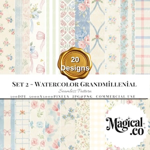 May include: A collection of 20 watercolor designs featuring floral and ribbon patterns in pastel colors. The designs include roses, bows, and trellis patterns. The text reads "SET 2 - WATERCOLOR GRANDMILLENIAL Seamless Pattern".