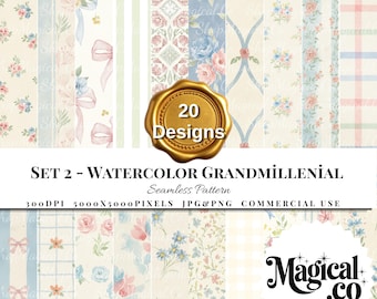Seamless Stripe Pattern Bundle, 20 Grandmillennial Gingham Grid Designs, Vintage Digital Paper JPG PNG