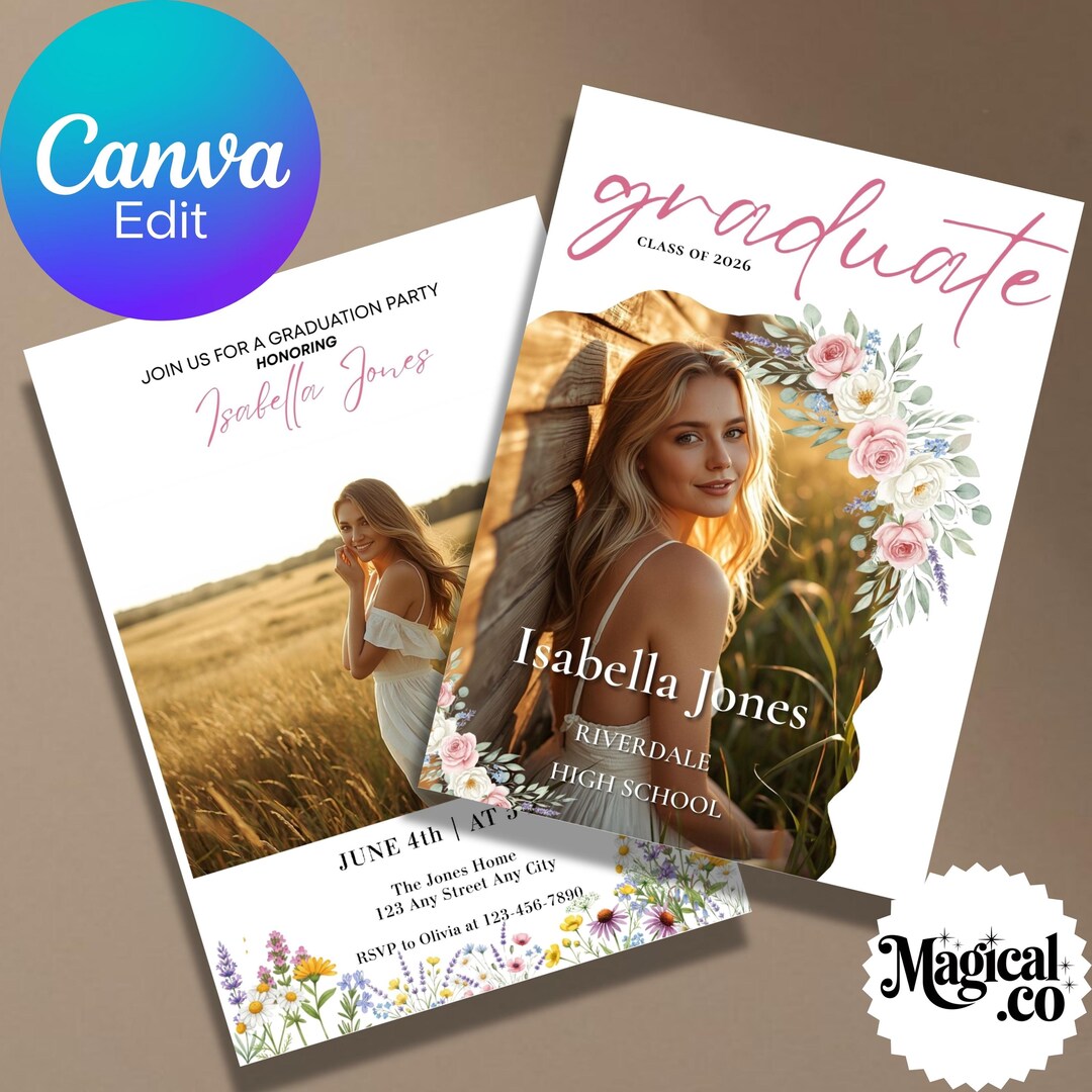 Canva Editable Template, Class of 2026 Photo Card, Floral Senior ...