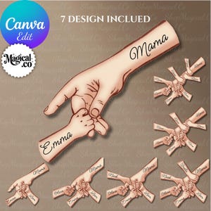 May include: A digital design featuring a parent's hand holding a child's hand, with the word "Mama" on the parent's hand and "Emma" on the child's hand. Additional designs show hands holding hands with names.