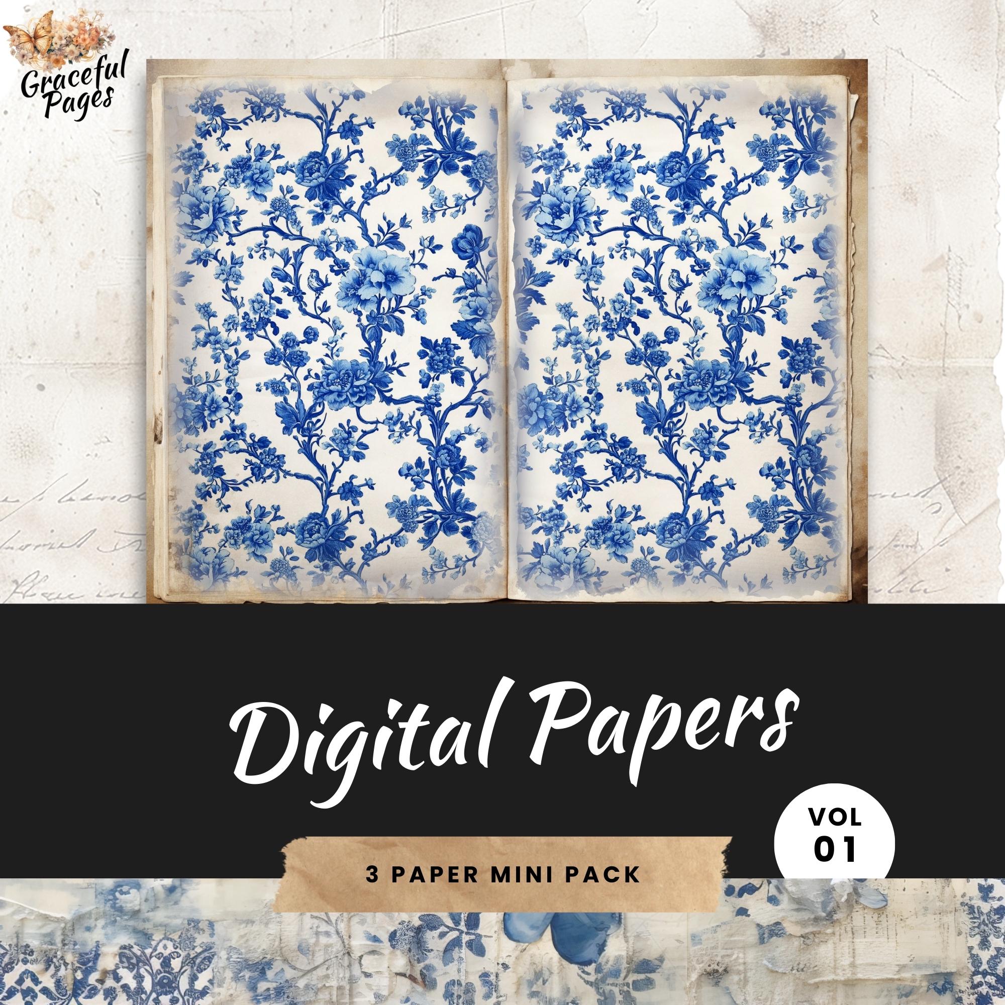 junkjournal【vintage Blue】 Blue Toile Junk Journal, 3 strony do druku w kwiaty w stylu