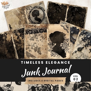 Páginas de diario basura de encaje negro, papel digital de elegancia atemporal para scrapbooking, 6 papeles imprimibles, manualidades de papel, hojas de collage de 8,5 x 11, JJ010
