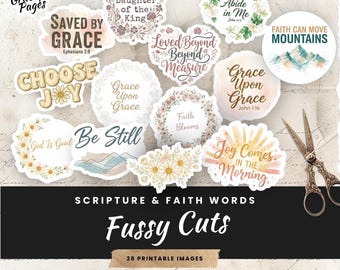 Christian Junk Journal Ephemera | Faith and Scripture Labels, Printable Fussy Cuts