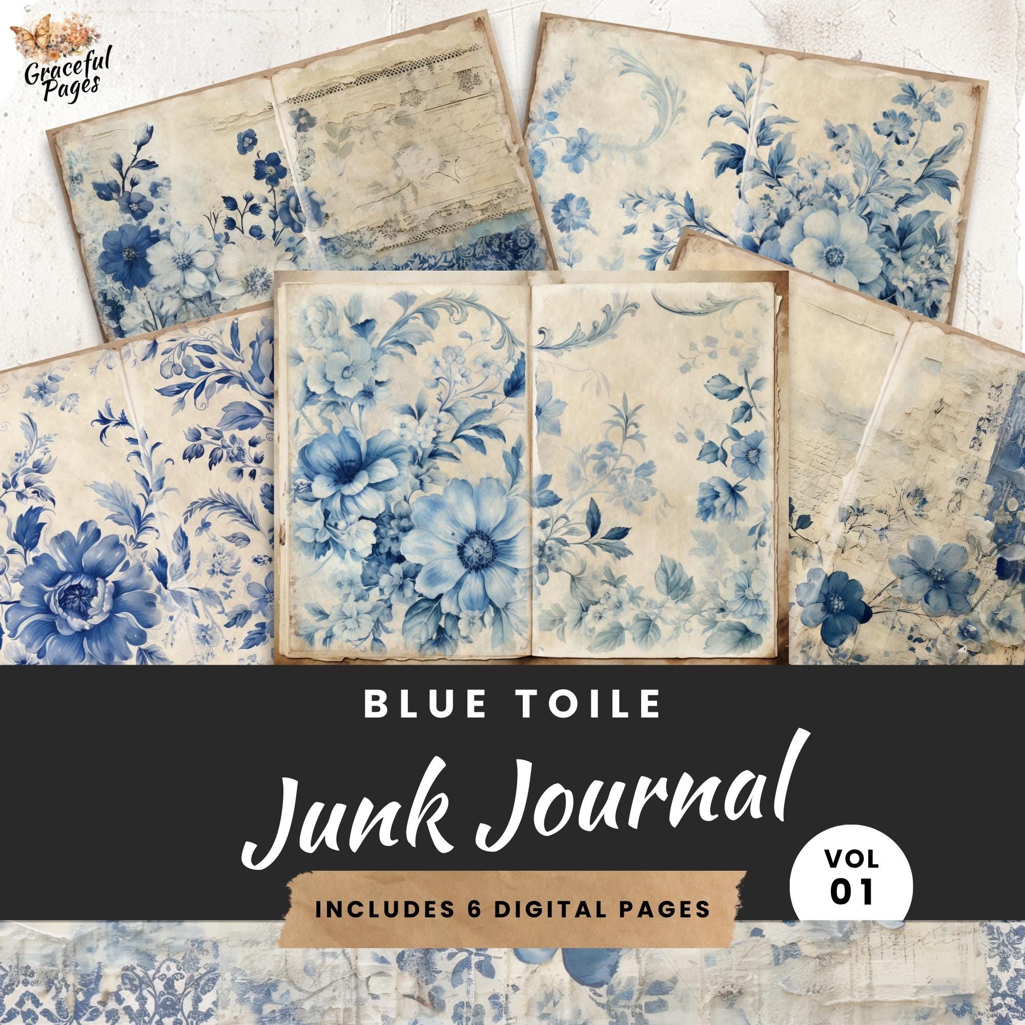 Blue Toile Junk Journal, 24 Vintage Floral Printable Pages
