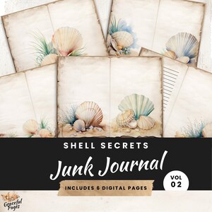Páginas de diario basura con tema de playa, Shell Kit Digital Papier Scrapbooking, 6 papeles imprimibles, Paraíso de verano, Hojas de collage 8.5 x 11 JJ007