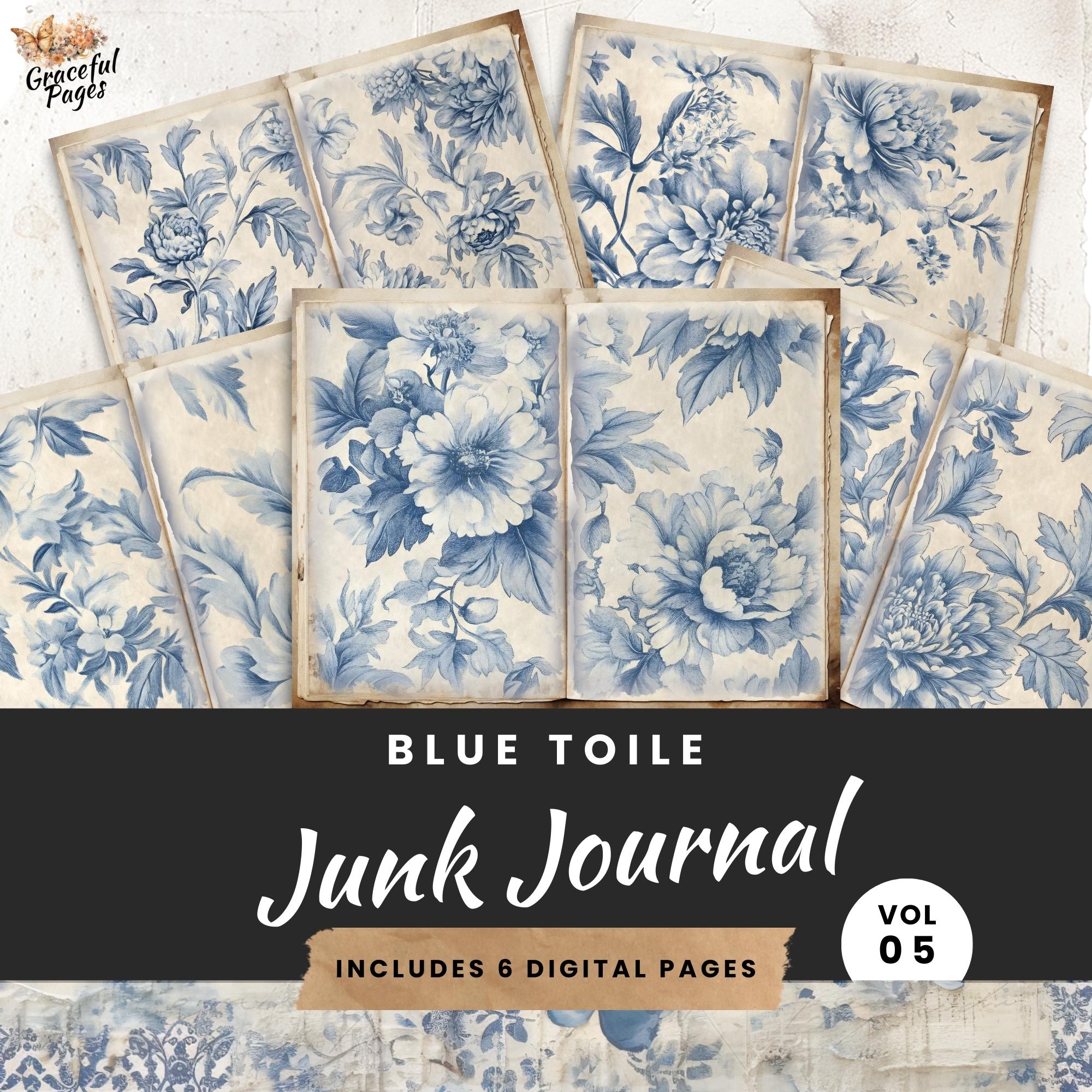 Blue Toile Junk Journal, 6 stron do druku w kwiaty w stylu