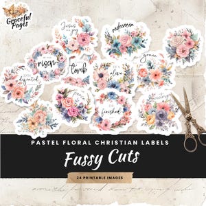 Diario de Pascua con Jesús, etiquetas cristianas imprimibles con recortes, coronas florales efímeras en tonos pastel, descarga digital para manualidades y diarios.