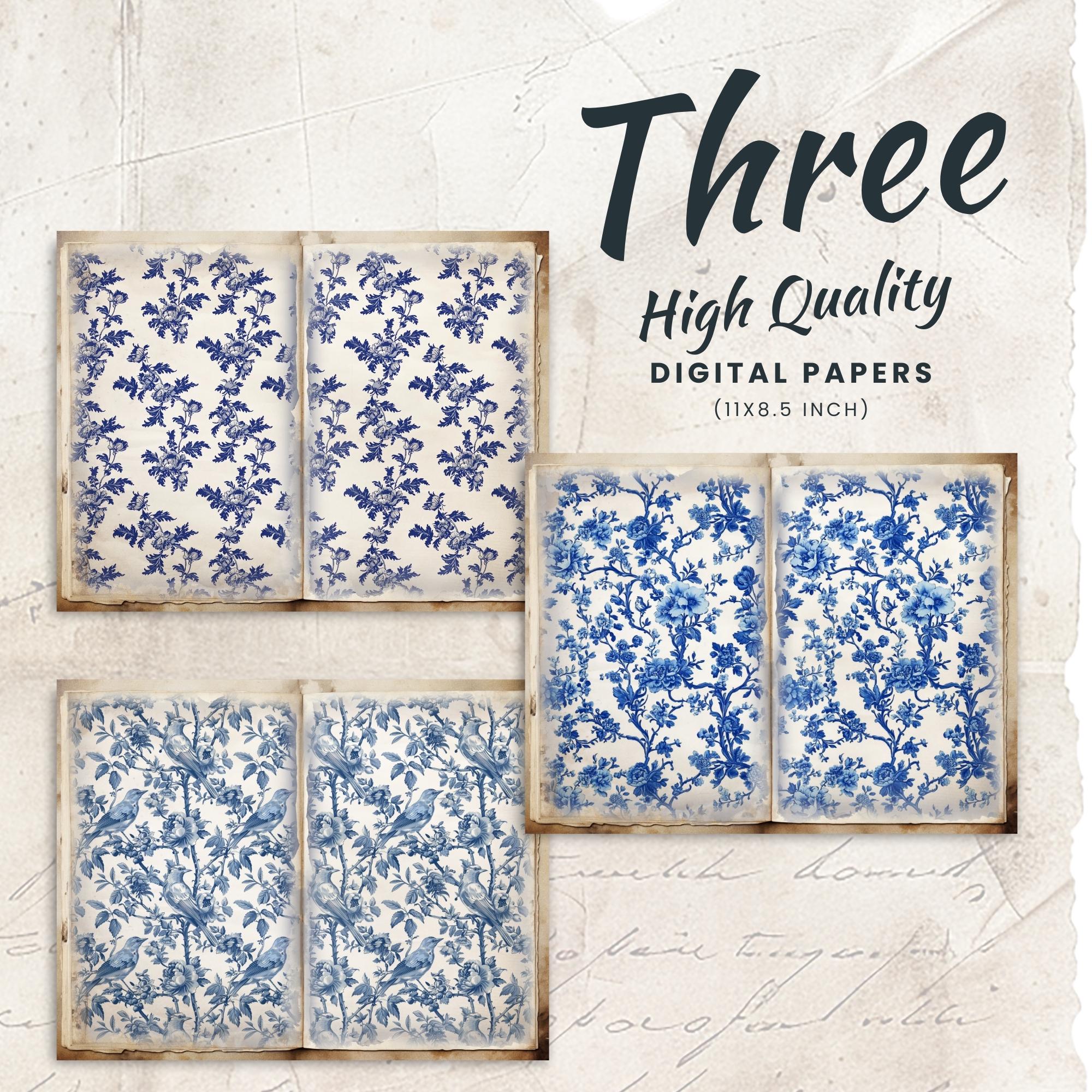 Blue Toile Junk Journal, 3 strony do druku w kwiaty w stylu