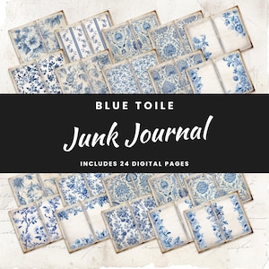 Blue Toile Junk Journal, 24 Vintage Floral Printable Pages, Crafting Ephemera for Scrapbooking, Collage Sheet 11 x 8.5 JJ006