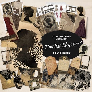 Kit digital de diario basura de encaje negro, elegancia atemporal, juego de 150 piezas imprimibles, etiquetas, efímeras, manualidades de papel, hoja de collage de 11 x 8,5, JJ010