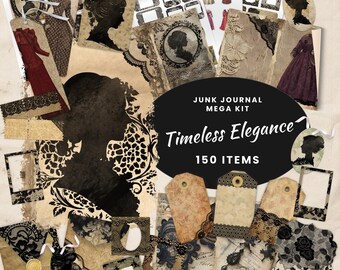 May include: A digital junk journal kit with 150 items featuring a vintage aesthetic. The kit includes images of women in silhouette, lace patterns, frames, tags, and other decorative elements. The text "Junk Journal Mega Kit Timeless Elegance 150 Items" is displayed on a black oval.