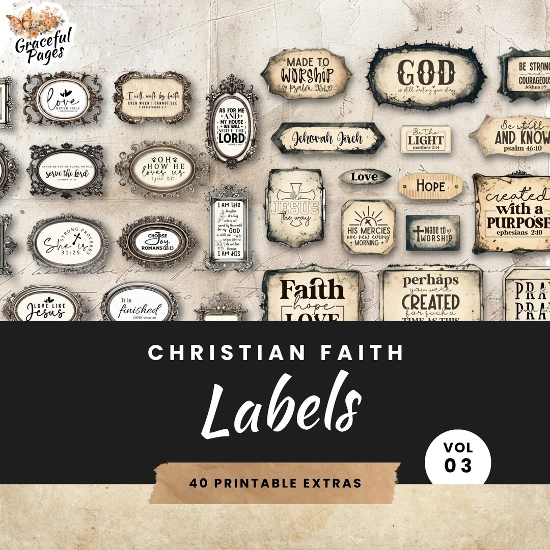 Christian Junk Journal Ephemera: Faith Inspired Printable Labels (40 ...