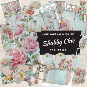 Kit numérique de journal floral indésirable rose pastel et bleu, 102 documents imprimables shabby chic, créations en papier, feuilles de collage 23 x 23 cm, éphémères JJ025