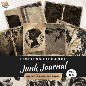 Páginas de diario basura de encaje negro, papel digital de elegancia atemporal para scrapbooking, 6 papeles imprimibles, manualidades de papel, hojas de collage de 8,5 x 11, JJ010