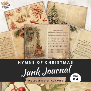 Zestaw Junk Journal do hymnów, Boże Narodzenie Wiara Cyfrowy Scrapbooking, 6 stron do druku, Chrześcijańskie Papierowe Arkusze do Kolażu, 8,5 x 11 - JJ009