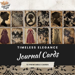 Kit de carnet de bord en dentelle noire à imprimer, 12 cartes éphémères à l'élégance intemporelle, créations numériques Silhouette, feuilles de collage 8,5 x 11, JJ010