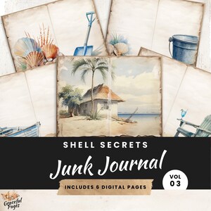 Páginas de diario basura con tema de playa, Shell Kit Digital Papier Scrapbooking, 6 papeles imprimibles, Paraíso de verano, Hojas de collage 8.5 x 11 JJ007