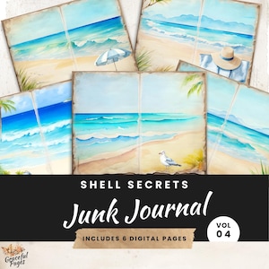 Páginas de diario basura con tema de playa, Shell Kit Digital Papier Scrapbooking, 6 papeles imprimibles, Paraíso de verano, Hojas de collage 8.5 x 11 JJ007