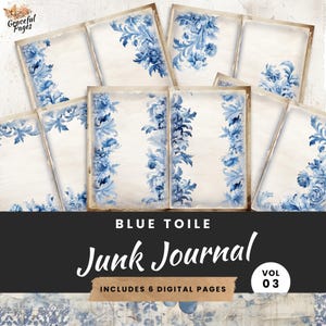Blue Toile Junk Journal, 6 Vintage Floral Printable Pages, Crafting Ephemera for Scrapbooking, Collage Sheet 11 x 8.5 JJ006