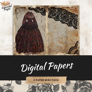 Páginas de diario basura de encaje negro, papel digital de elegancia atemporal para scrapbooking, 3 papeles imprimibles, manualidades de papel, hojas de collage de 8,5 x 11, JJ010
