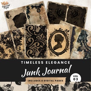Páginas de diario basura de encaje negro, papel digital de elegancia atemporal para scrapbooking, 6 papeles imprimibles, manualidades de papel, hojas de collage de 8,5 x 11, JJ010