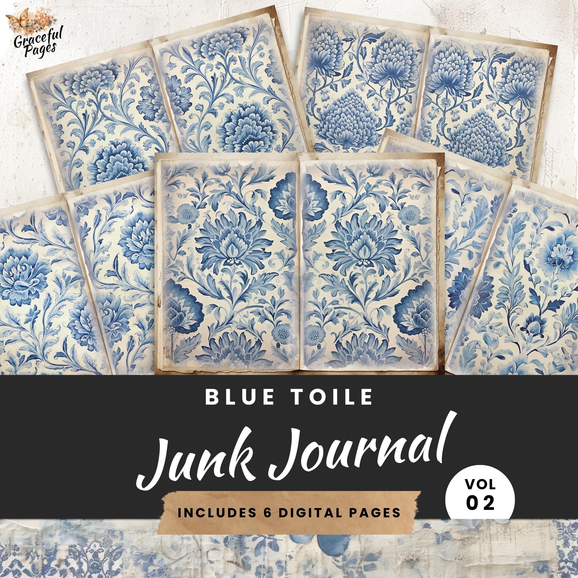 Blue Toile Junk Journal, 6 Vintage Floral Printable Pages