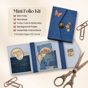 May include: A denim mini folio kit with a closed mini book and an open folio. The kit includes fussy cuts, ephemera, background paper, and assembly instructions. The closed book has a butterfly and star embellishments. A pair of decorative scissors and paper clips are also included.