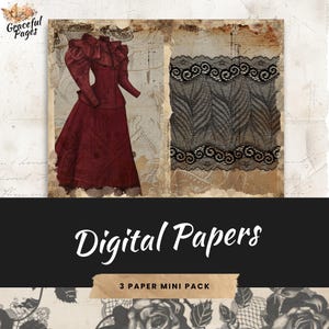 Páginas de diario basura de encaje negro, papel digital de elegancia atemporal para scrapbooking, 3 papeles imprimibles, manualidades de papel, hojas de collage de 8,5 x 11, JJ010