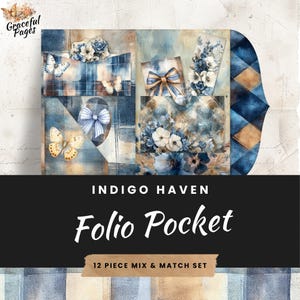 Diario basura imprimible en folio Indigo Haven, 12 piezas con bolsillos combinables, papel efímero de polilla, hojas de collage en color azul tostado de 8,5 x 11 JJ003