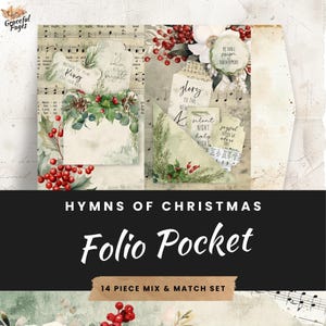 Könnte beinhalten: Ein 14-teiliges Mix-and-Match-Set mit Weihnachts-Folio-Taschen mit einem Aquarelldesign mit Stechpalme, Beeren und Noten. Der Text "Hymns of Christmas Folio Pocket" ist auf der Vorderseite des Sets gedruckt.