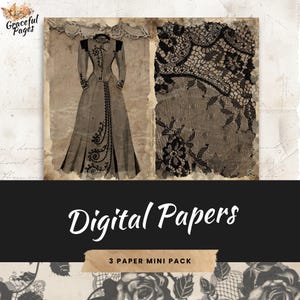 Páginas de diario basura de encaje negro, papel digital de elegancia atemporal para scrapbooking, 3 papeles imprimibles, manualidades de papel, hojas de collage de 8,5 x 11, JJ010
