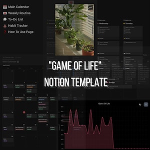 Puede incluir: Una pantalla gris oscura con un calendario, una gráfica y el texto "GAME OF LIFE" NOTION TEMPLATE" en blanco. El calendario muestra fechas y eventos, y la gráfica muestra una línea roja que fluctúa hacia arriba y hacia abajo.