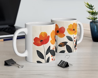 Floral Whimsy 11oz Ceramic Mug - Warm Poppies Design, Ideal for Daily Inspiration by Prompt Design